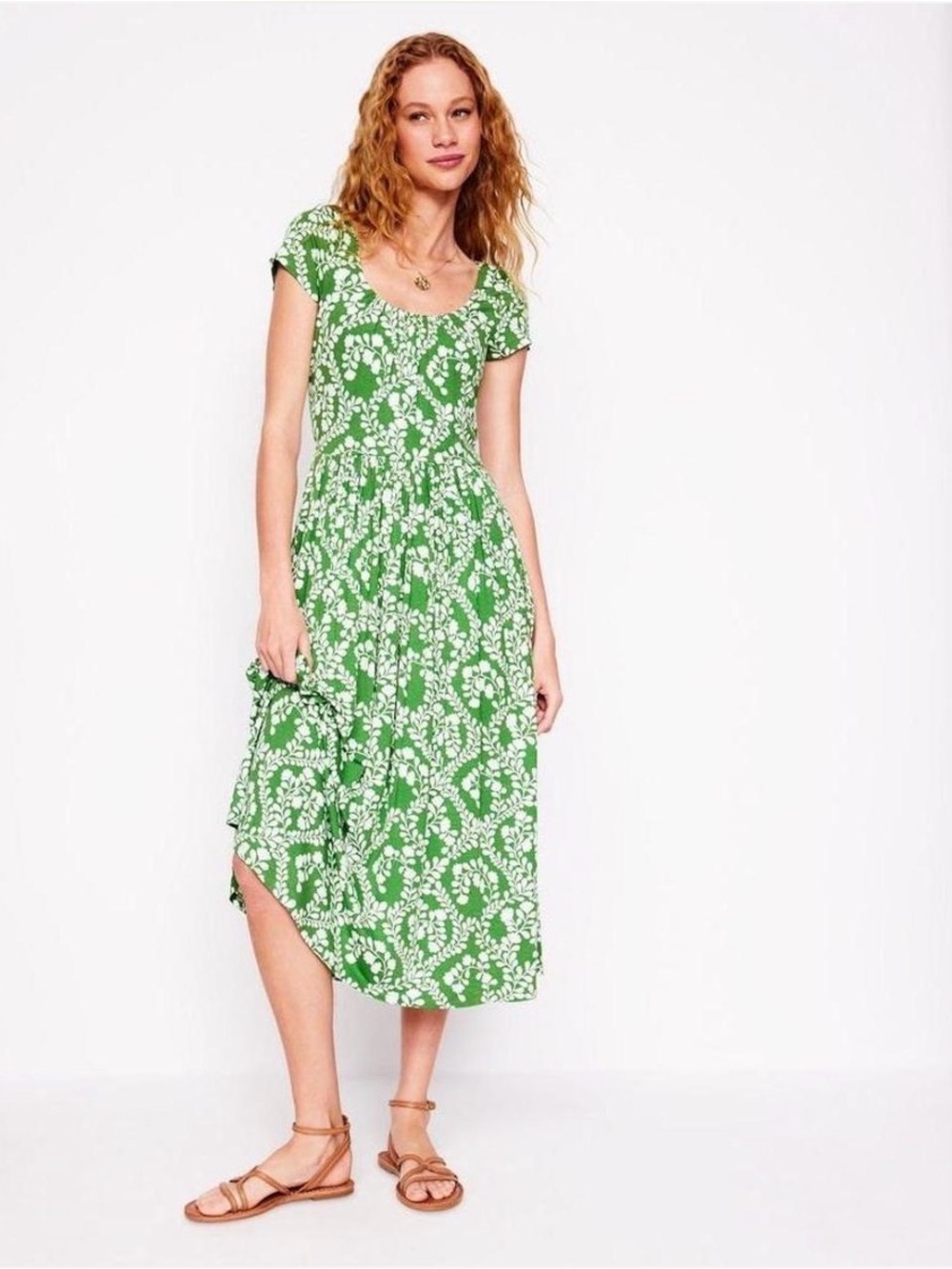 Boden Samantha Scoop Jersey Dress Green Floral Midi Short Sleeve Size 4P